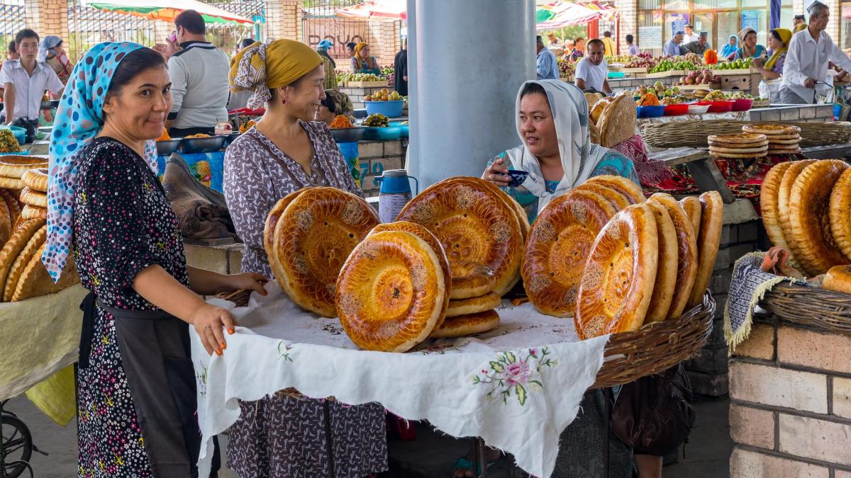 Historic urban centre of Fergana with Russian/Soviet-era architecture and local life in the Fergana Valley